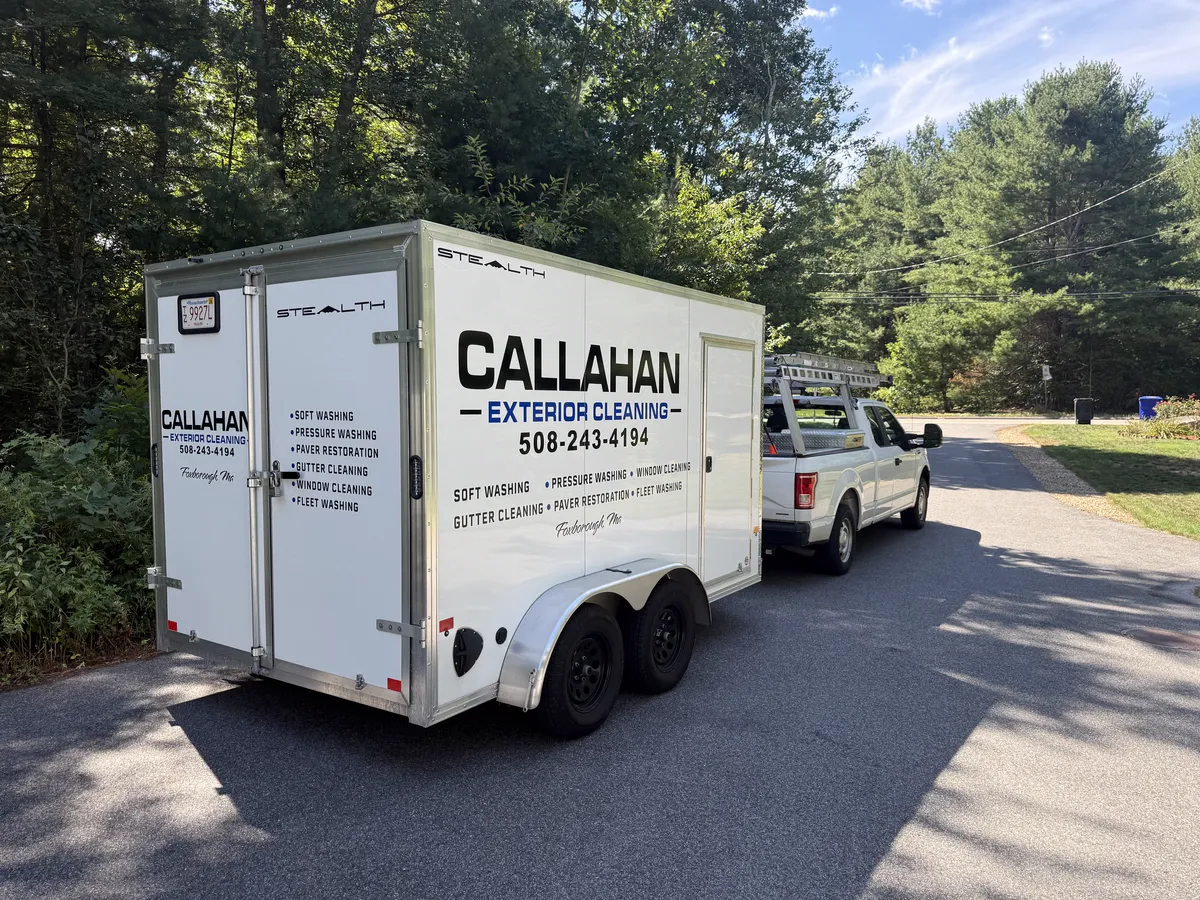 Callahan Exterior Cleaning branded trailer and truck in Foxborough, Massachusetts