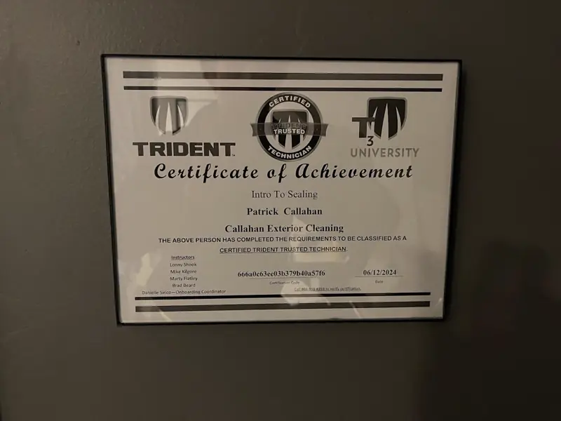 Framed exterior cleaning certificate for Patrick Callahan